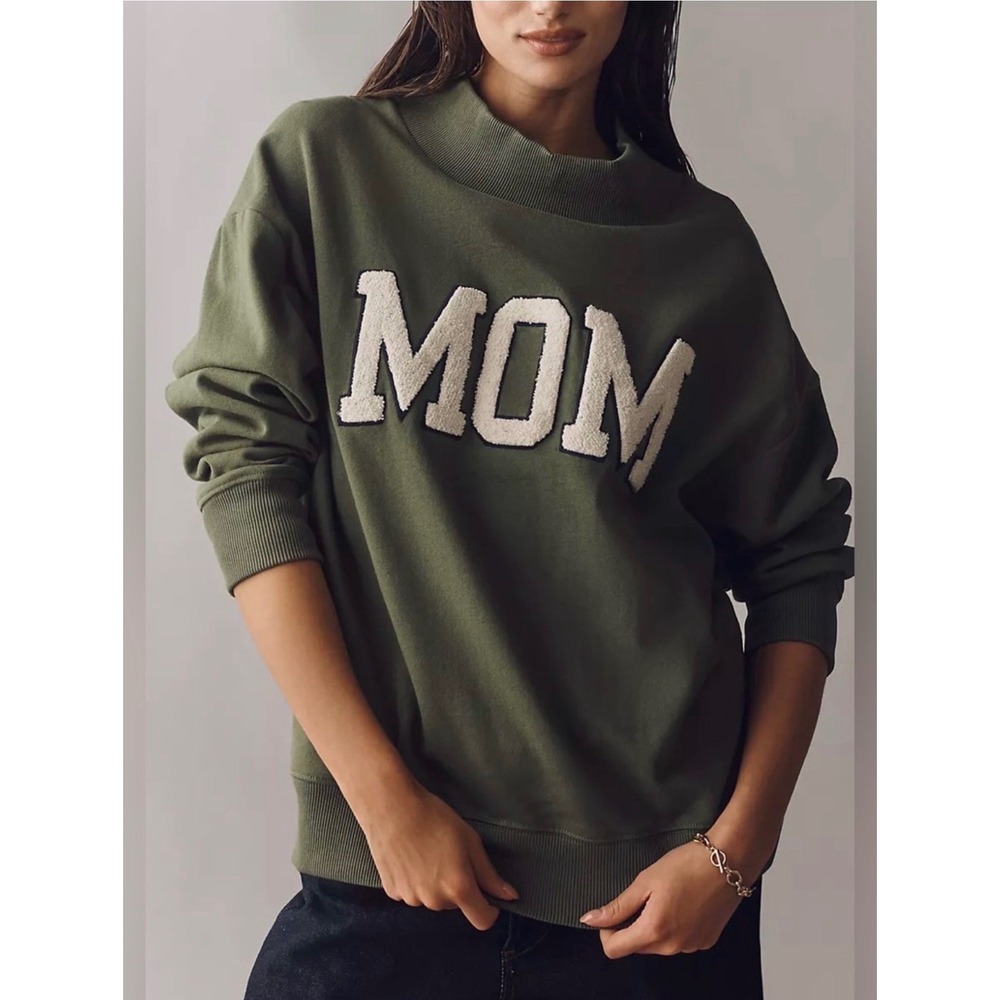 Anthropologie oversized Green MOM Chenille Patch Mock Neck Sweatshirt XS fits M